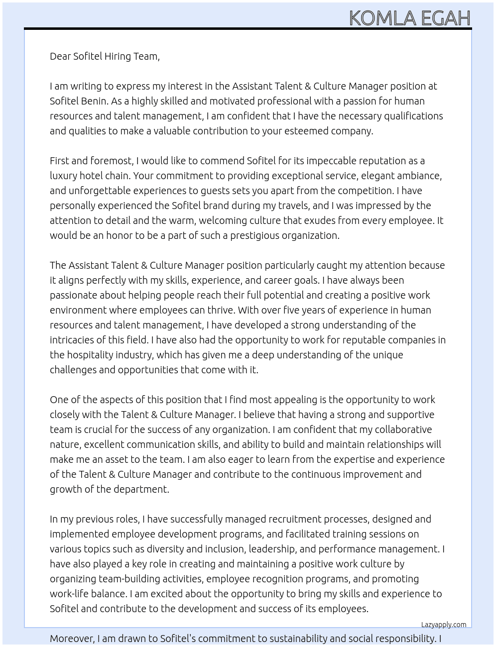 Assistant talent & culture manager At Sofitel Benin  Cover Letter