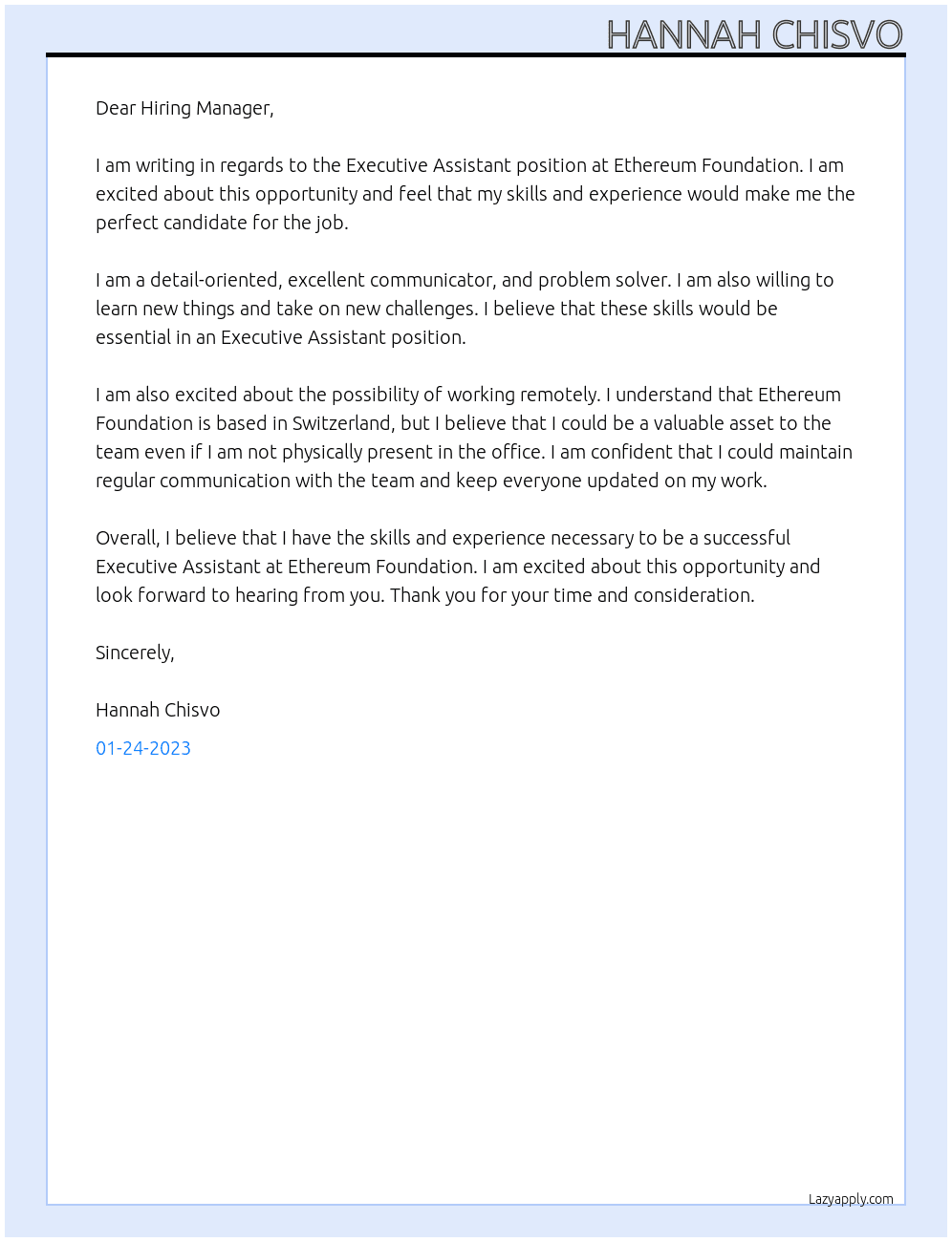 Executive Assistant At Ethereum Foundation Cover Letter