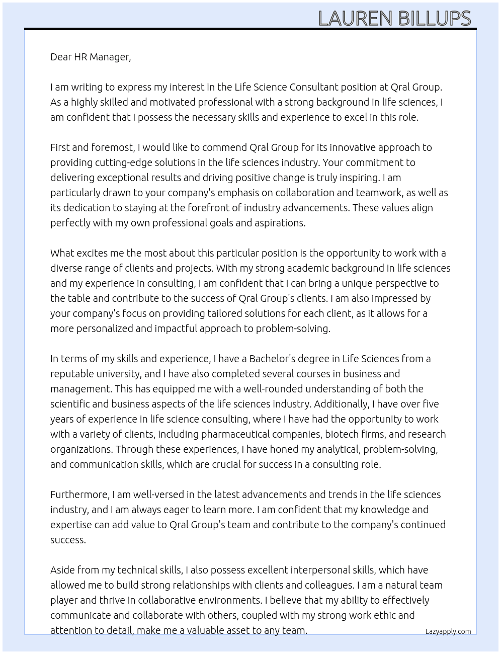 Life Science Consultant  At Qral Group Cover Letter