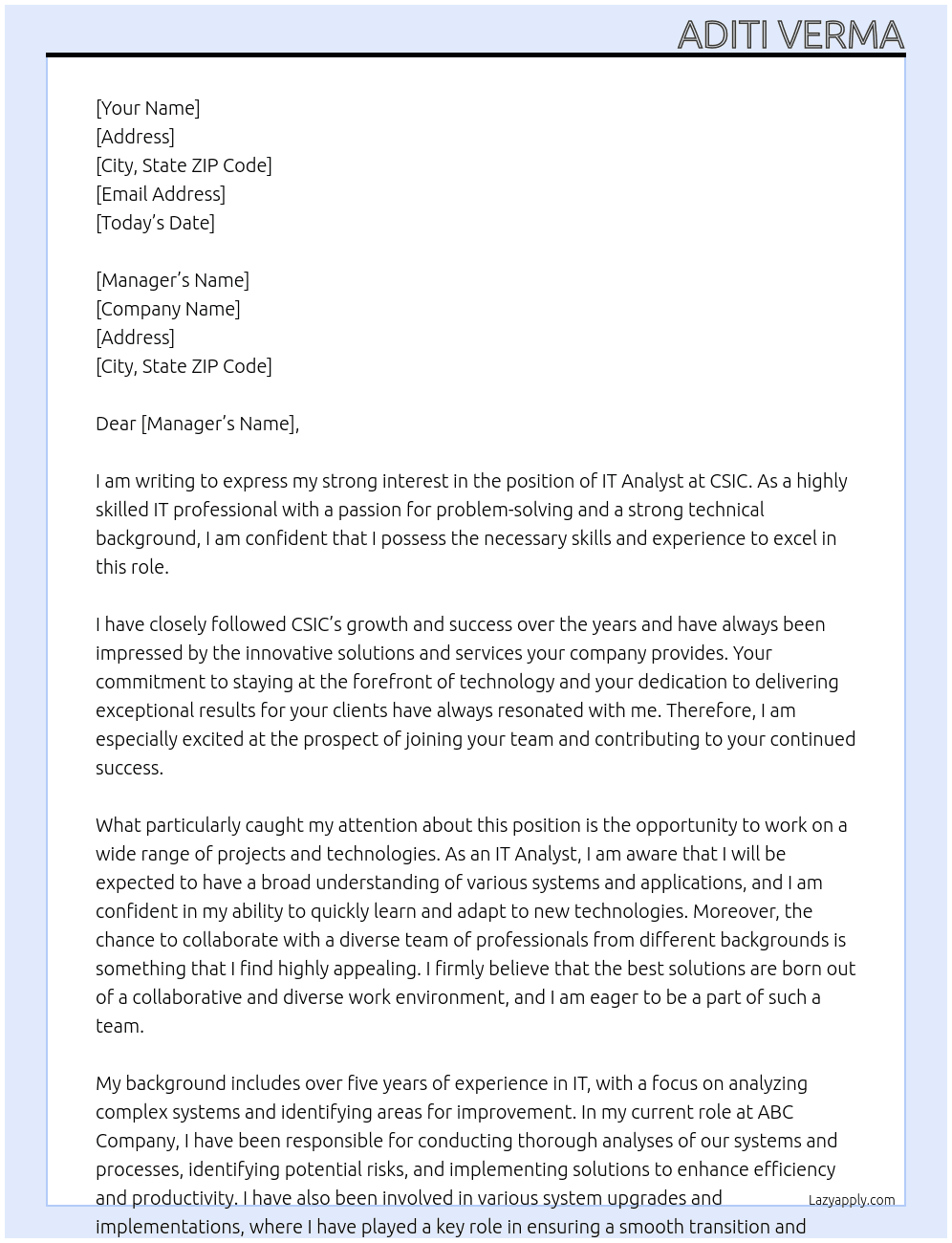 IT analyst At csic Cover Letter