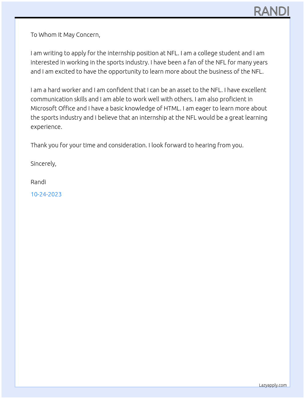 Internship At NFL Cover Letter