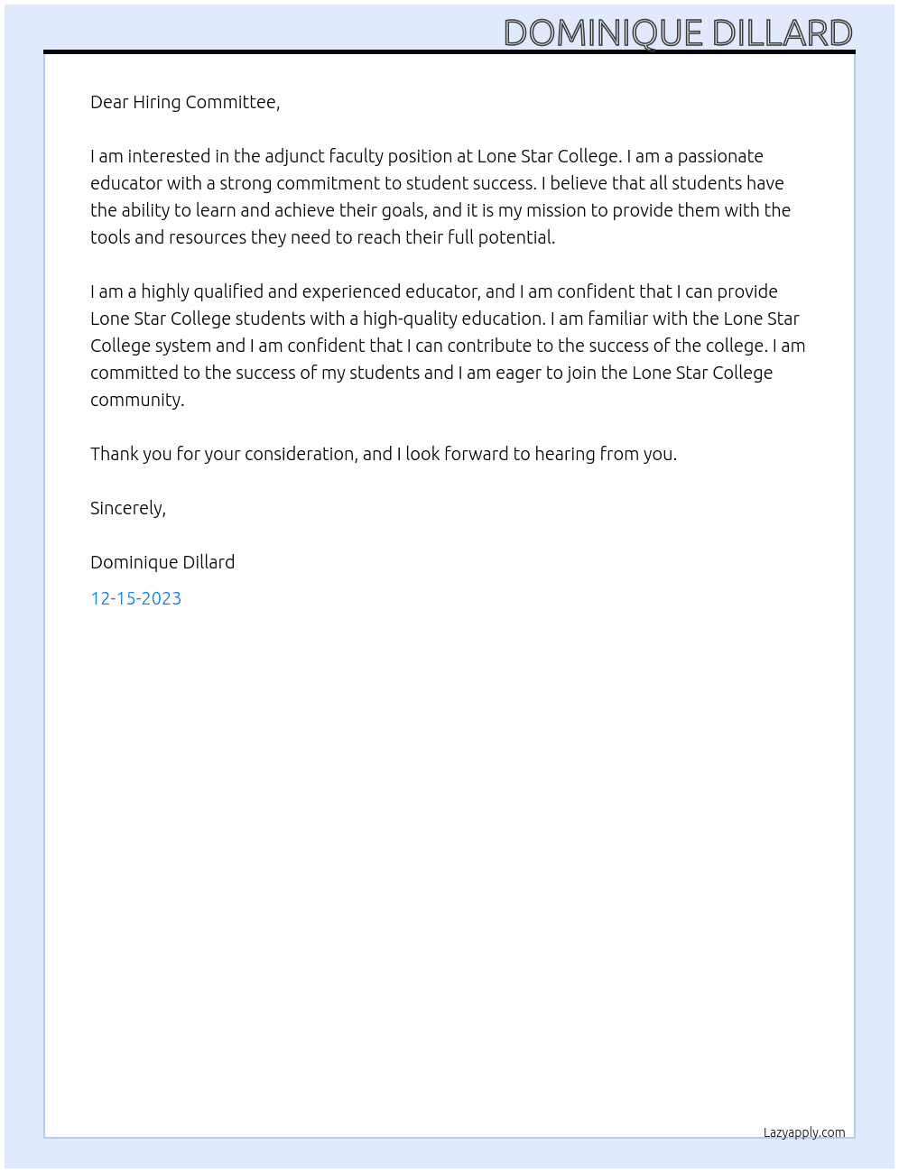 Adjunct Faculty At Lone Star College Cover Letter