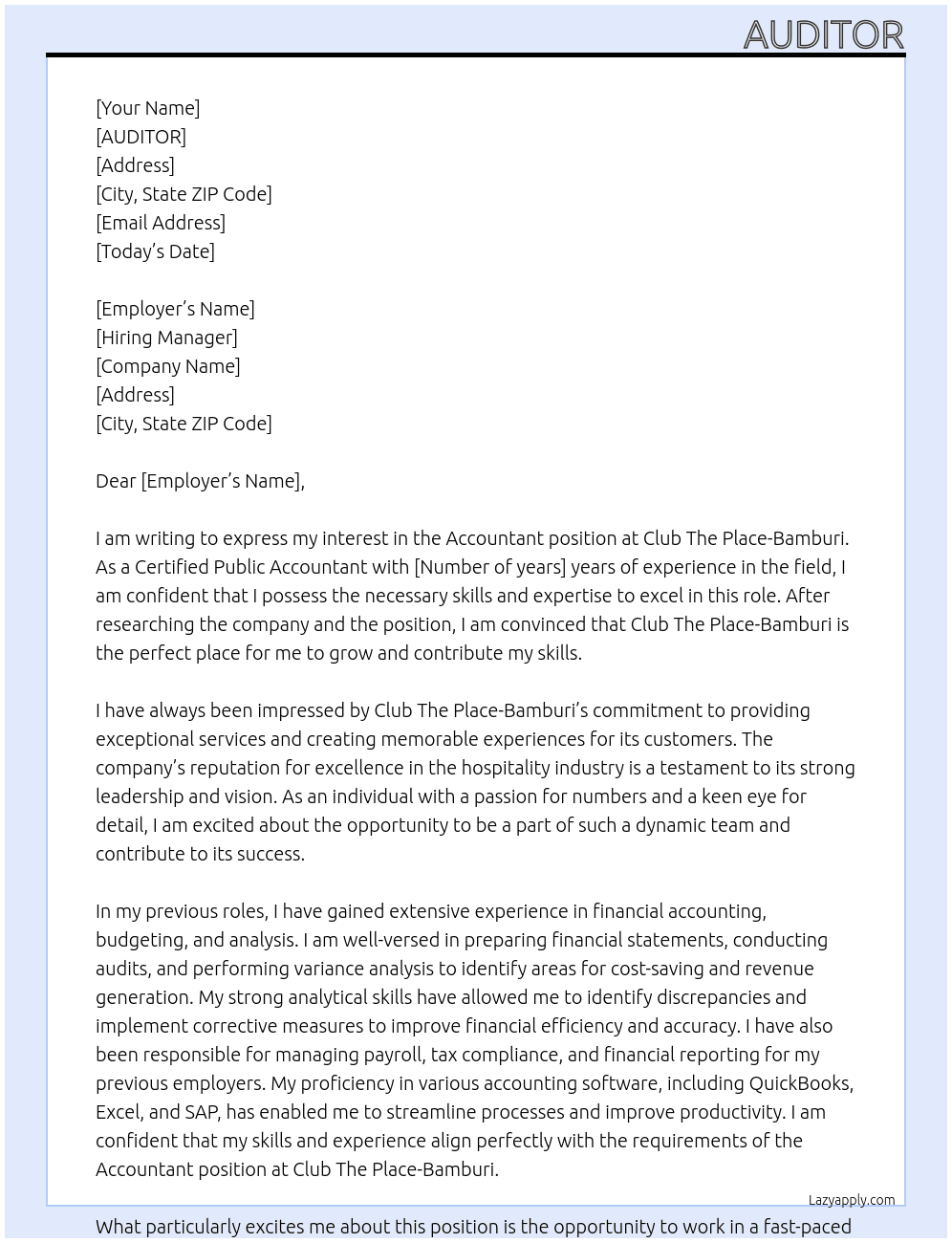 accountant At CLUB THE PLACE- BAMBURI Cover Letter