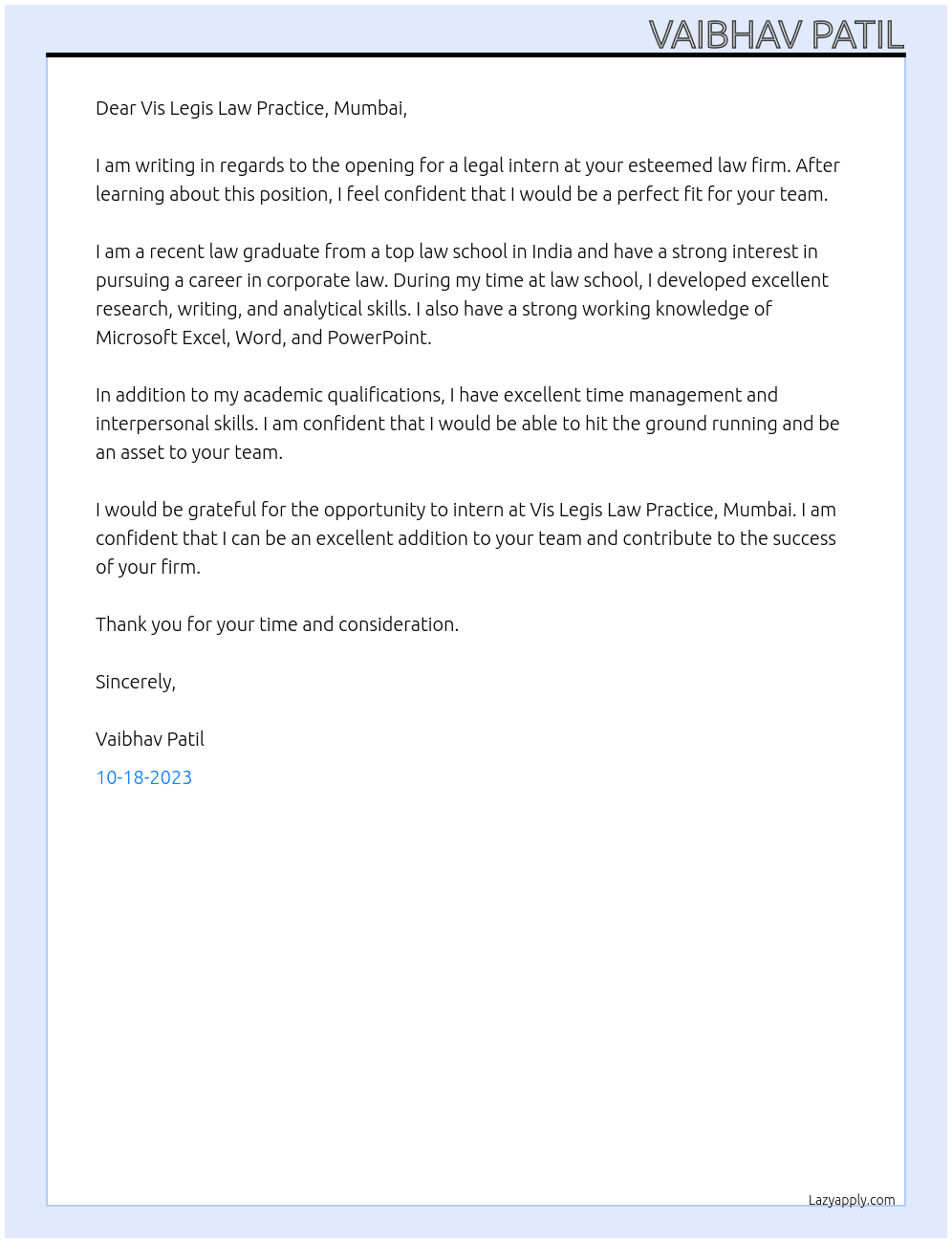 Legal Intern  At Vis Legis Law Practice, Mumbai  Cover Letter