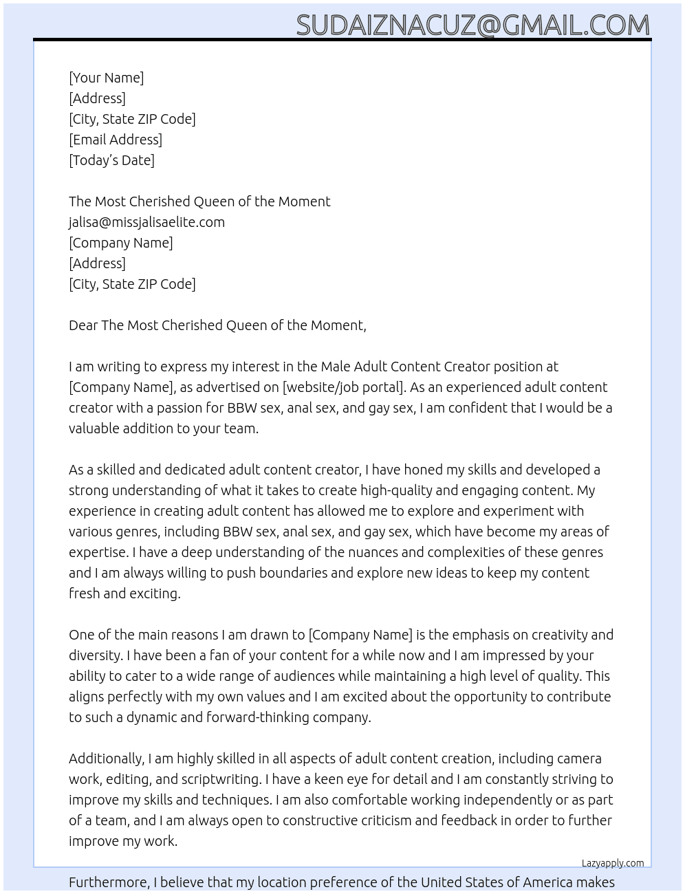 Male Adult Content creator  At jalisa@missjalisaelite.com Cover Letter