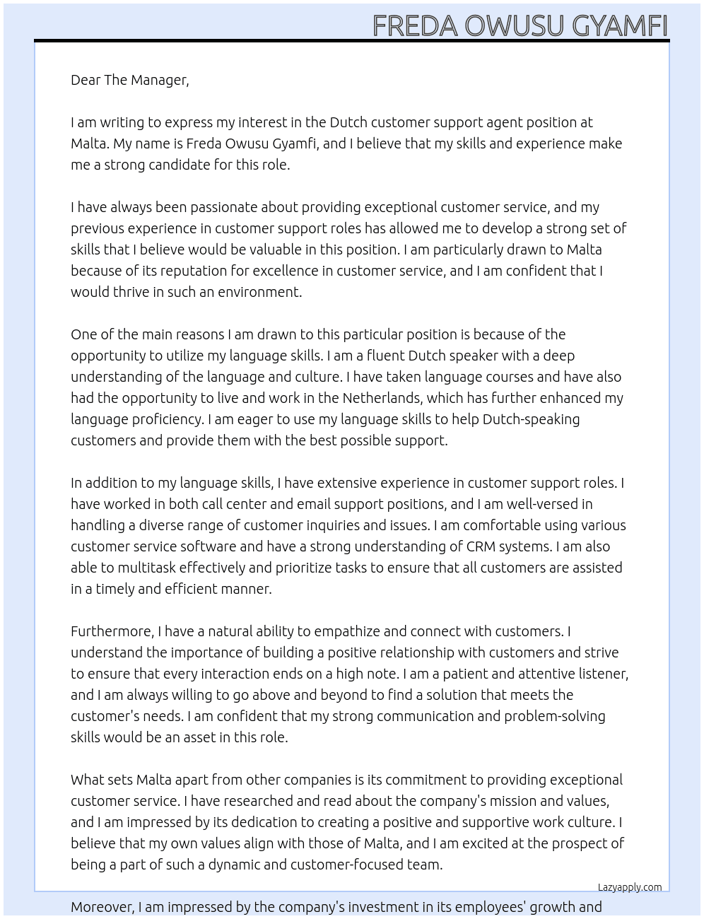 Dutch customer support agent  At Malta Cover Letter