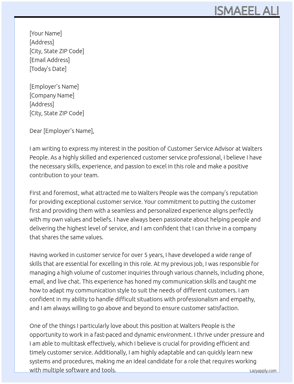 Customer Service Advisor  At Walters People Cover Letter