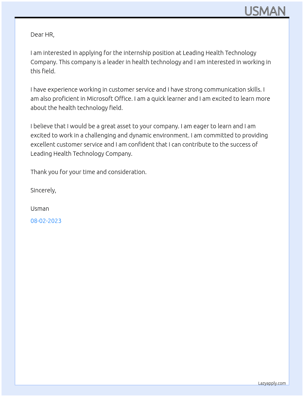 Intern At Leading Health Technology Company Cover Letter