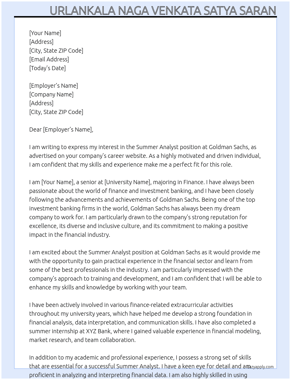 Summer Analyst At goldmansachs Cover Letter