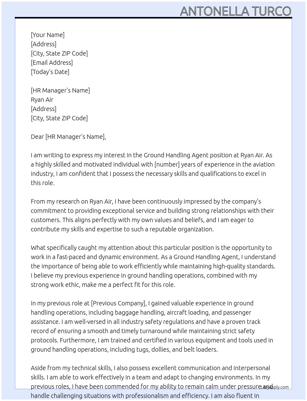 Ground Handling Agent- Ryan Air At Ryan Air Cover Letter