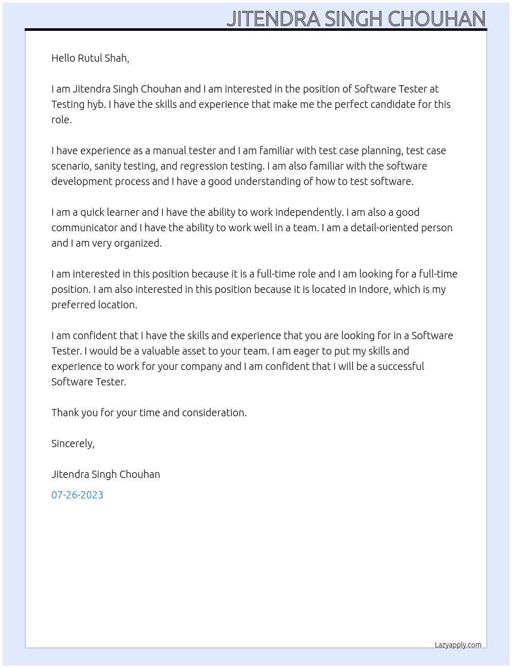 Software Tester At Testing hyb Cover Letter