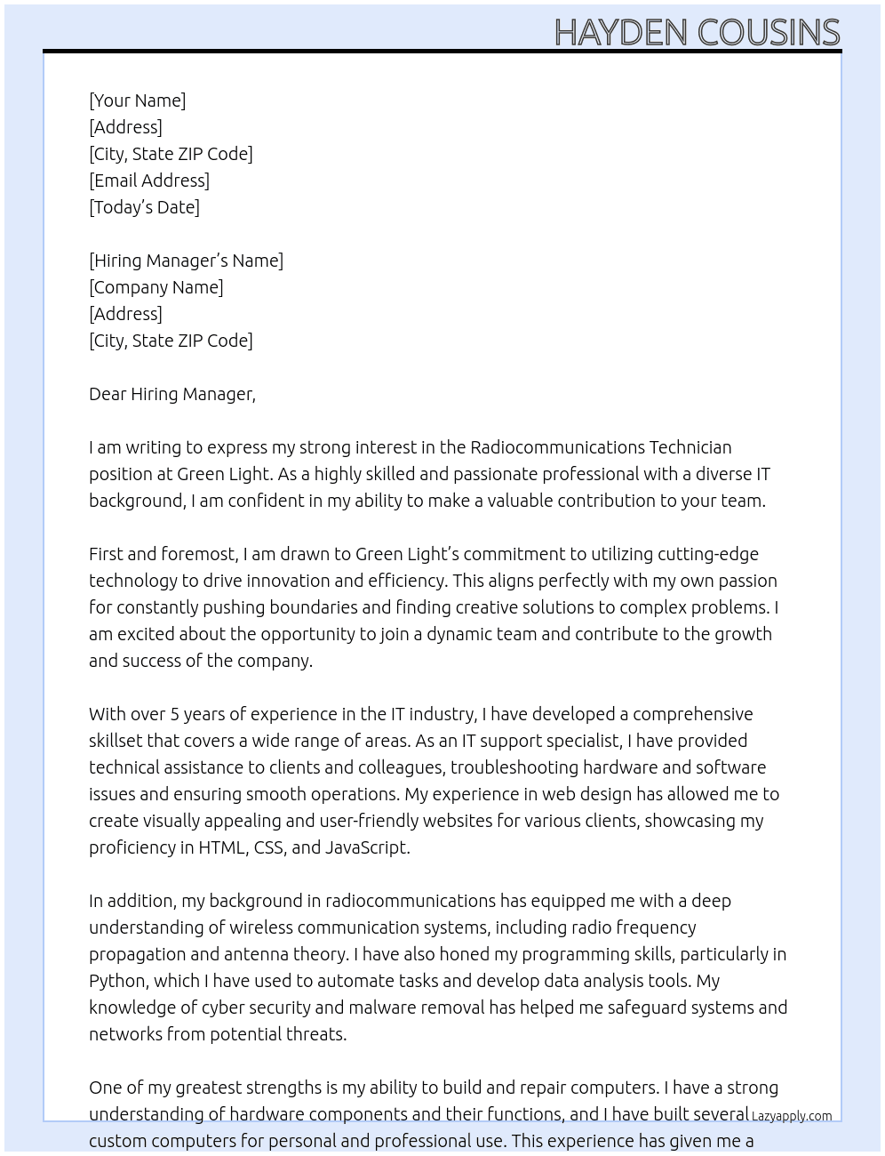 Radiocommunications Technician At Green light Cover Letter