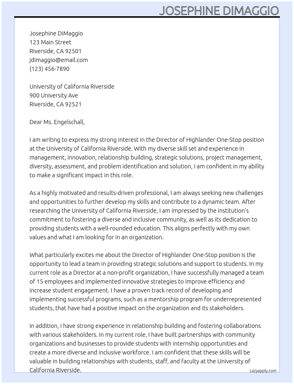 Director of Highlander One-Stop At University of California Riverside Cover Letter