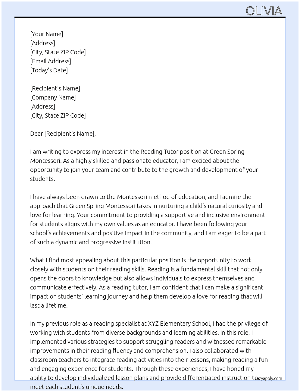 Reading tutor At Green Spring Montessori Cover Letter