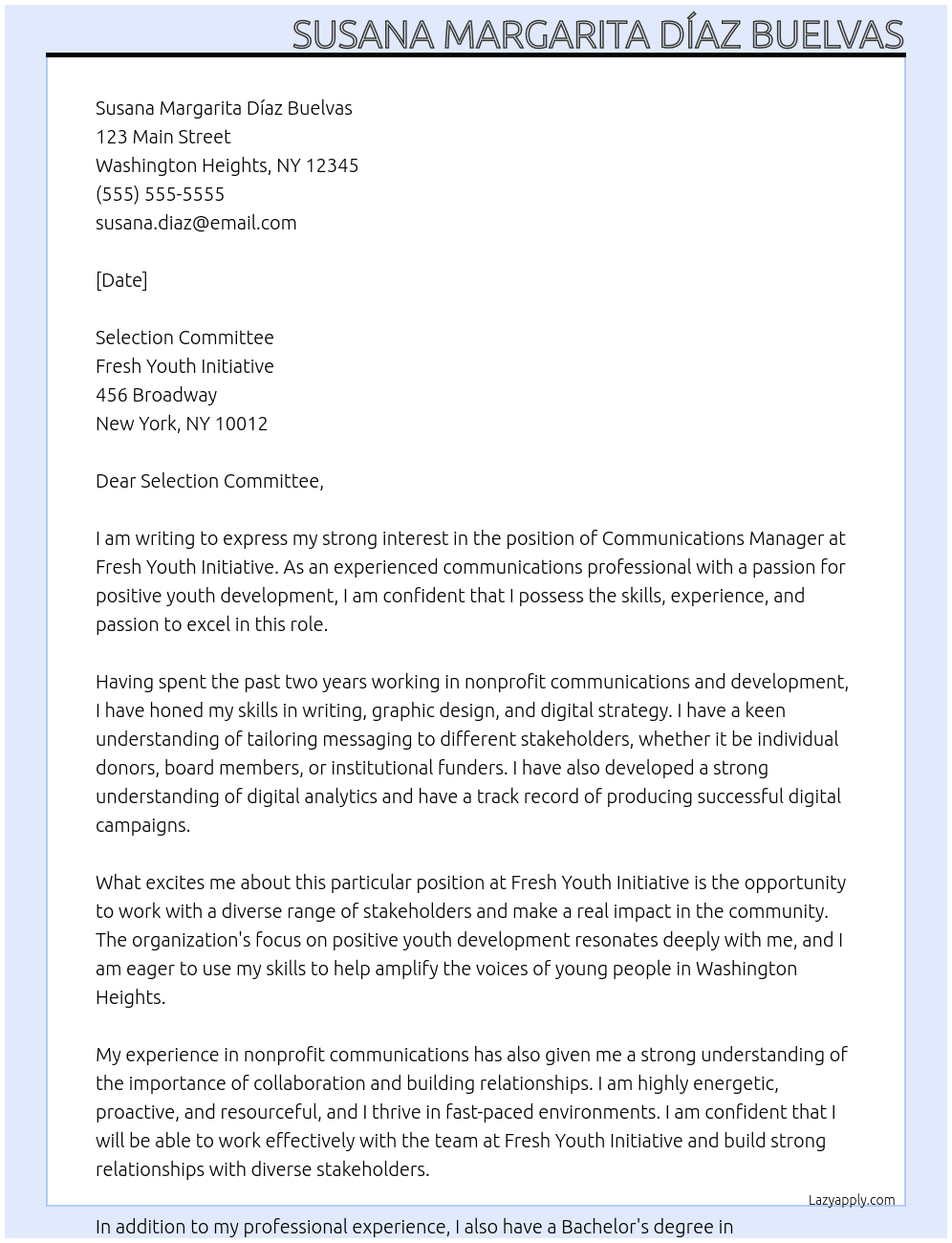 Communicactions Manager At Fresh Youth Initiative Cover Letter