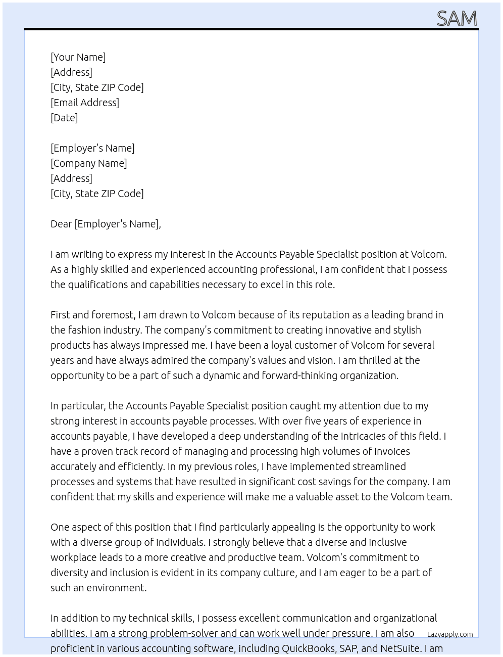 Accounts payable specialist At Volcom  Cover Letter