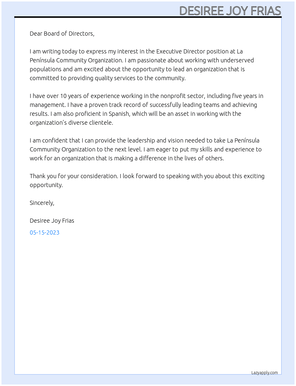 Executive Director At La Península Community Organization Cover Letter