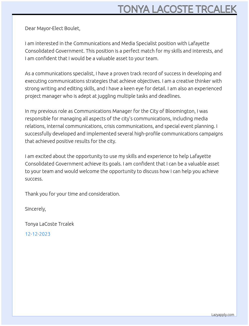 Communications and Media Specialist  At Lafayette Consolidated Government  Cover Letter