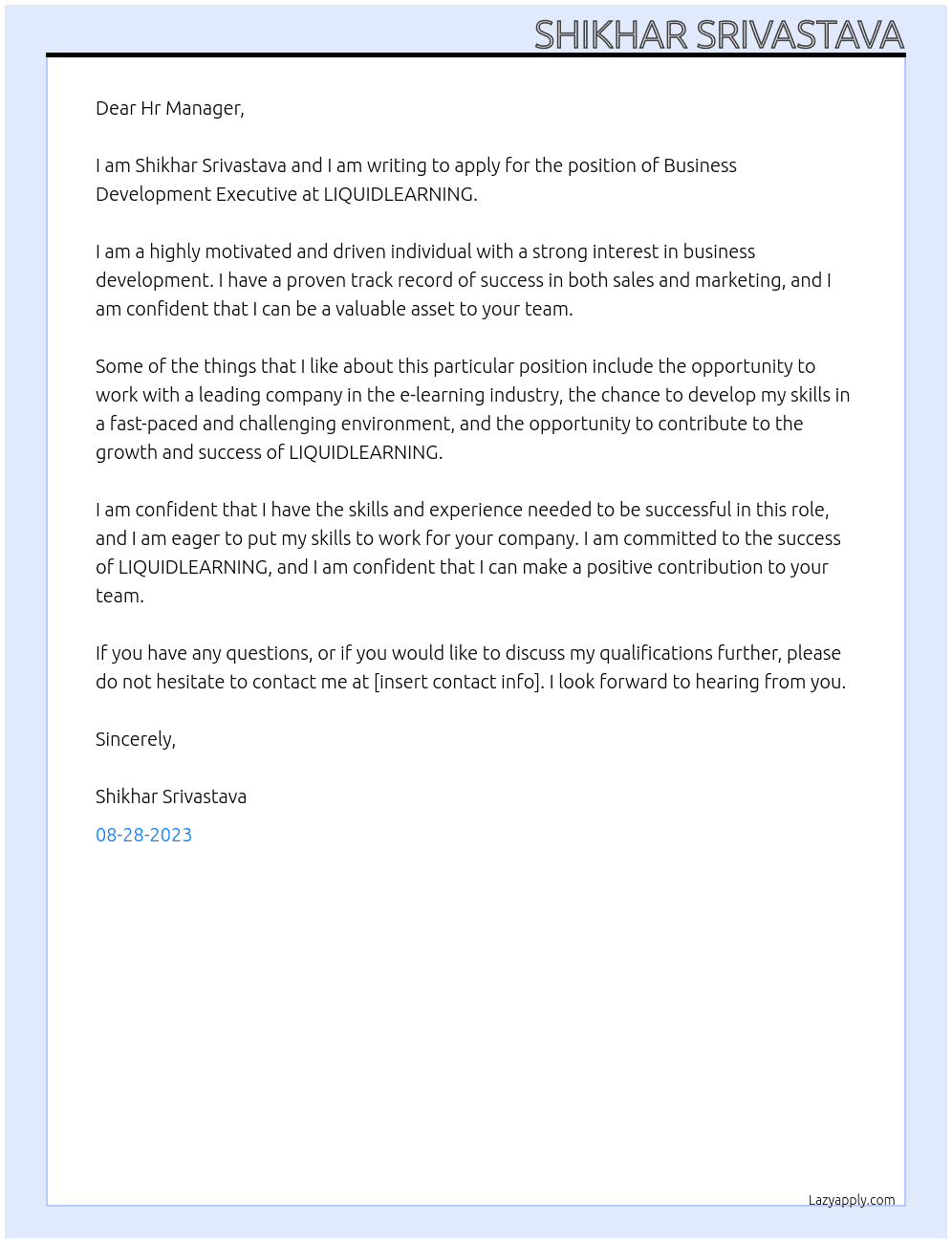 Business Development Executive  At LIQUIDLEARNING Cover Letter