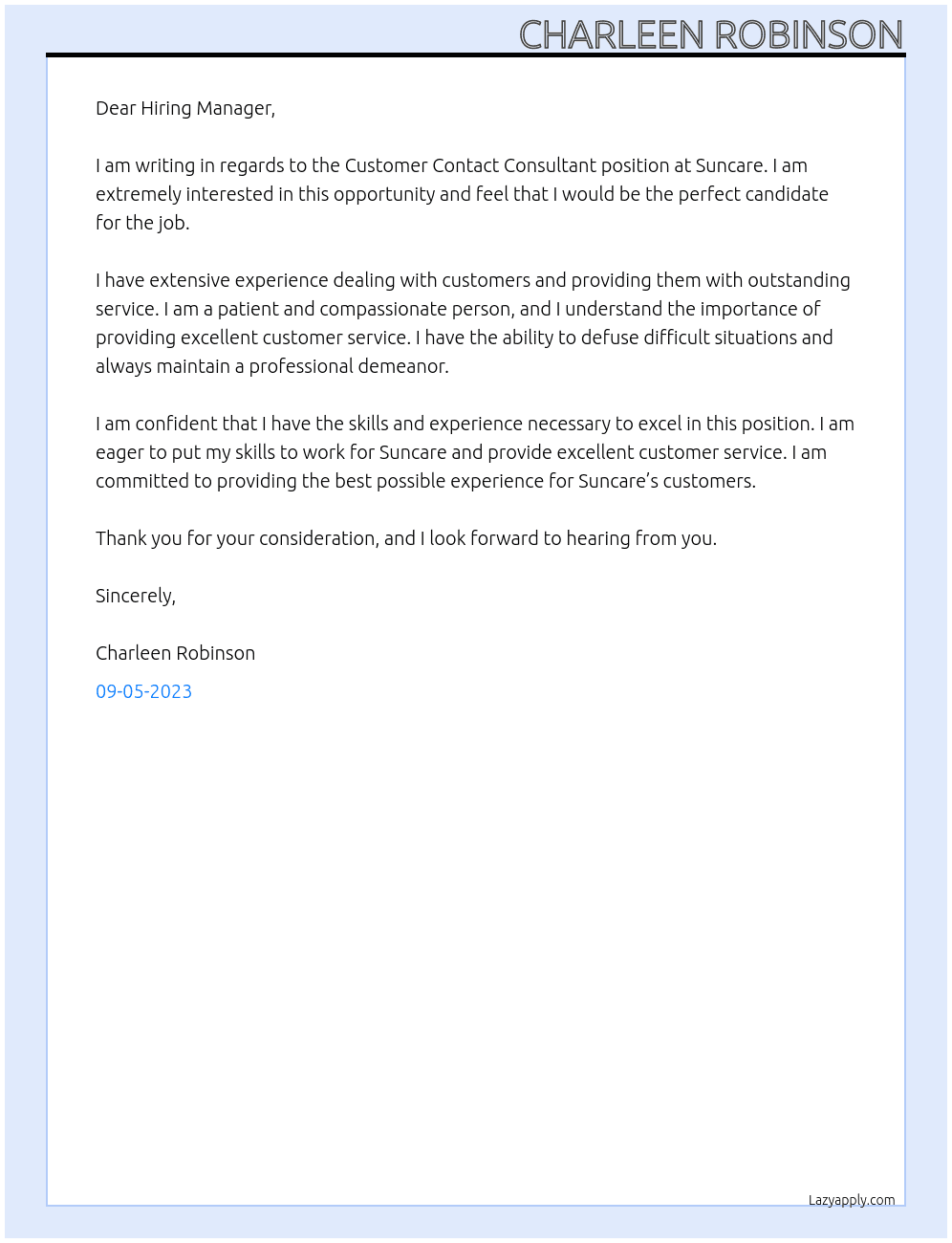Customer Contact Consultant  At Suncare  Cover Letter