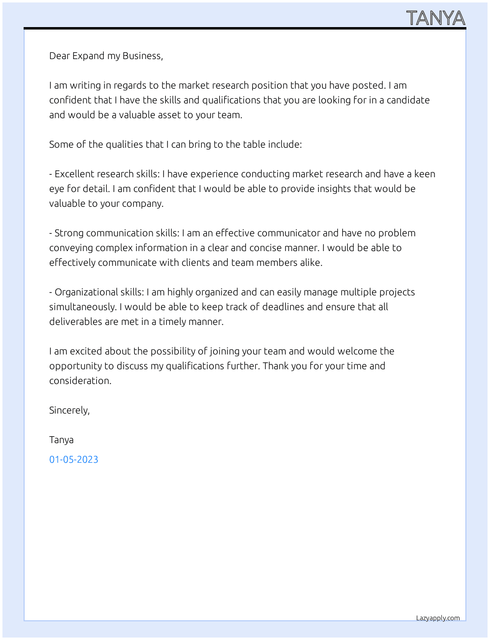 market research At Expand my Business Cover Letter