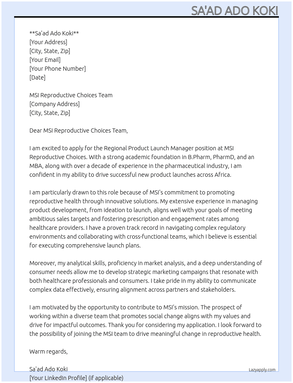 Regional Product Launch Manager At MSI Reproductive Choices  Cover Letter