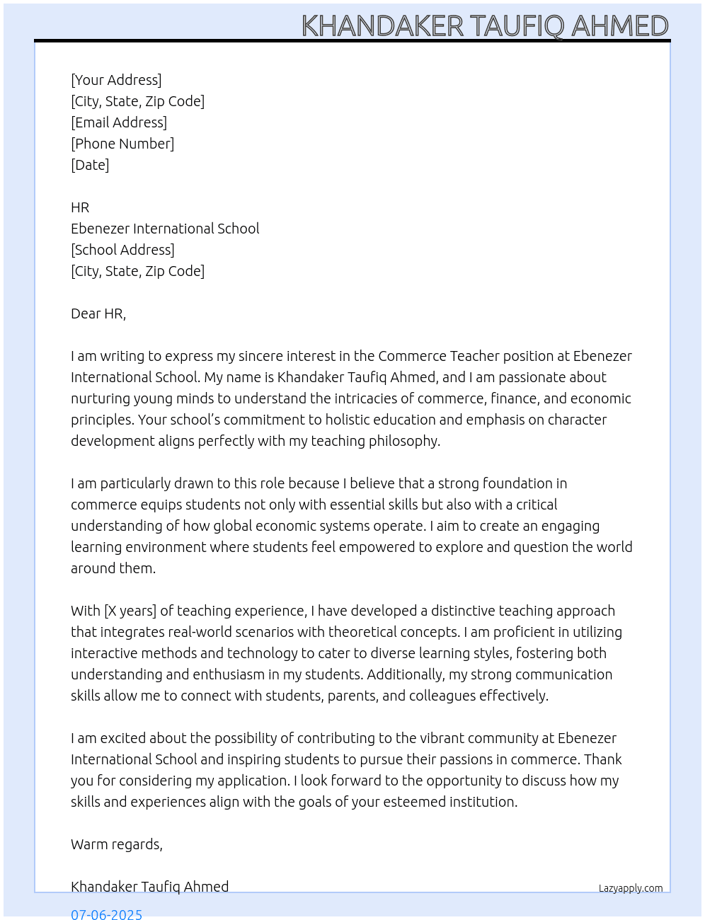 Commerce Teacher At Ebenezer International School Cover Letter