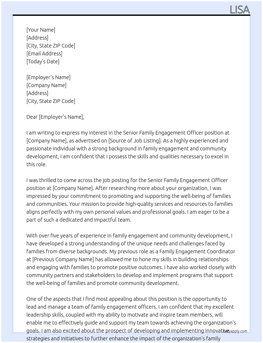 Senior Family Engagement Officer  At TBC Cover Letter
