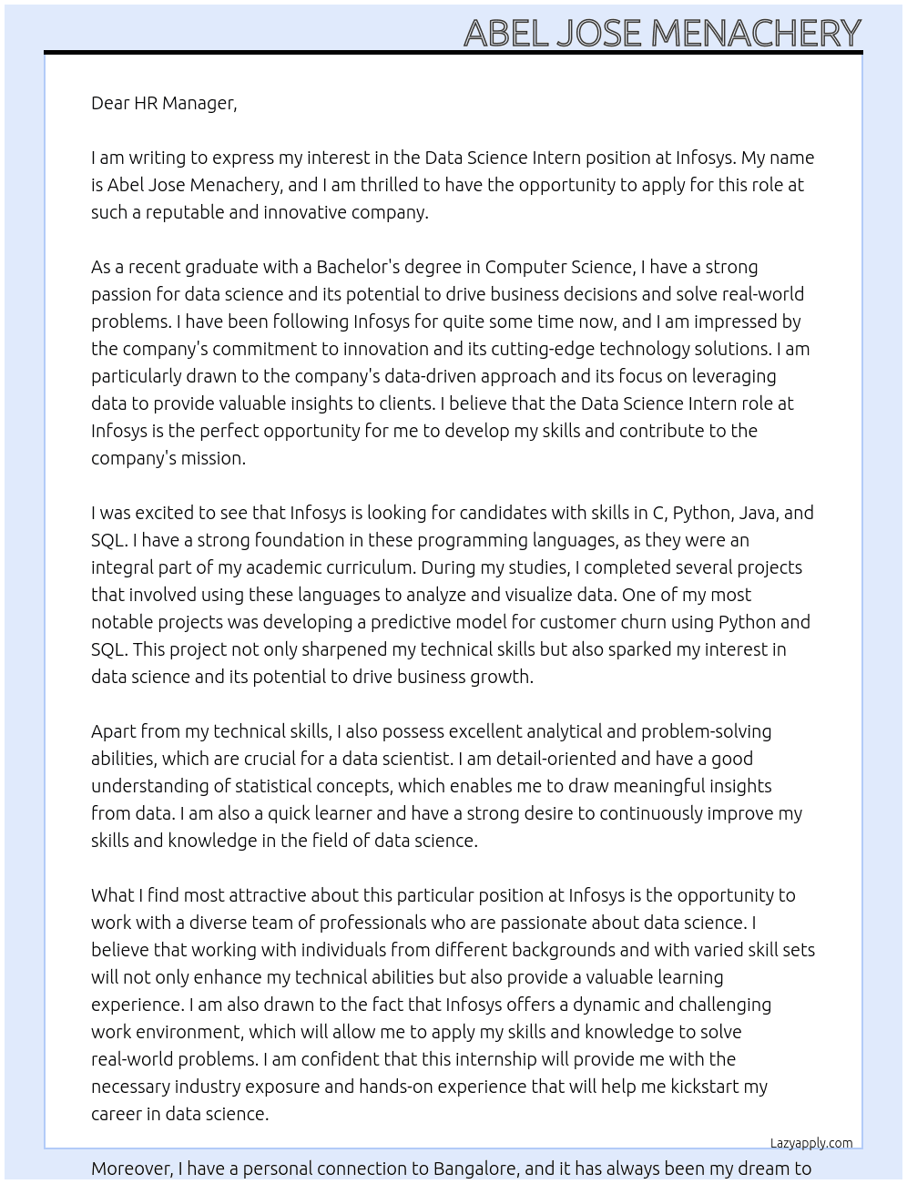 data science intern At infosys Cover Letter