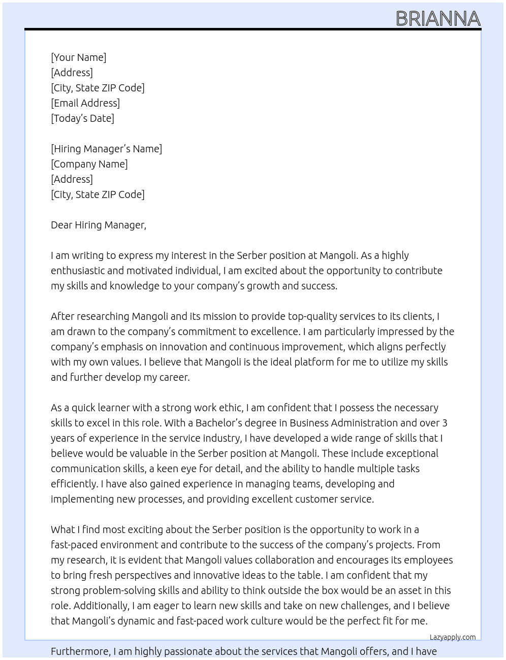 Serber At Mangoli Cover Letter