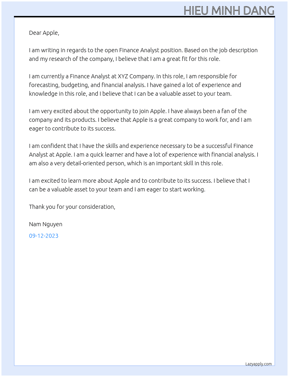 Finance Analyst At Apple Cover Letter
