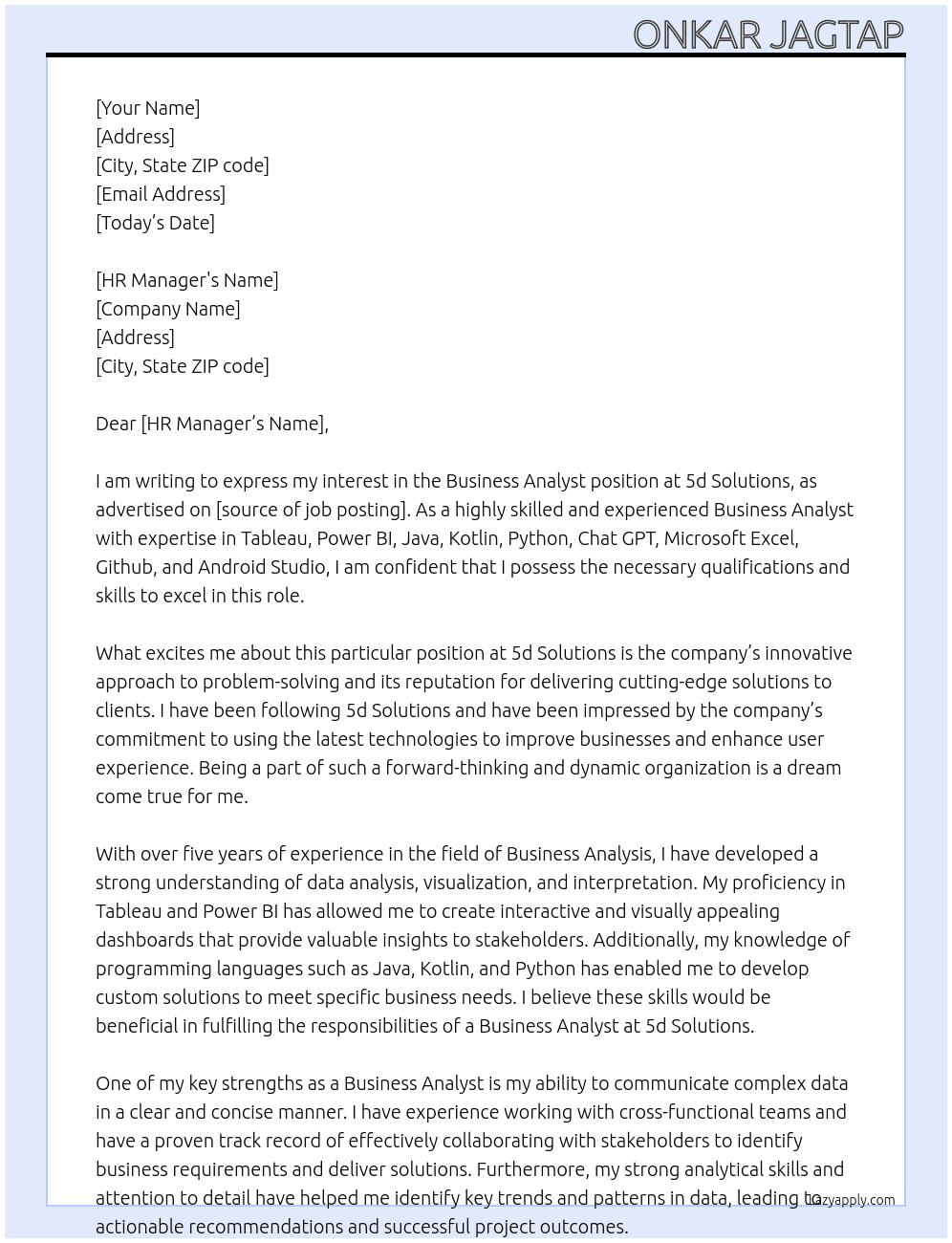 Business Analyst At 5d Solutions Cover Letter