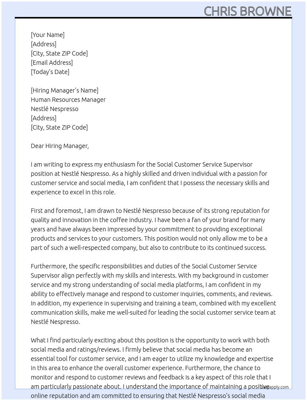 Social Customer Service Supervisor - Social Media & Ratings/Reviews At Nestlé Nespresso Cover Letter