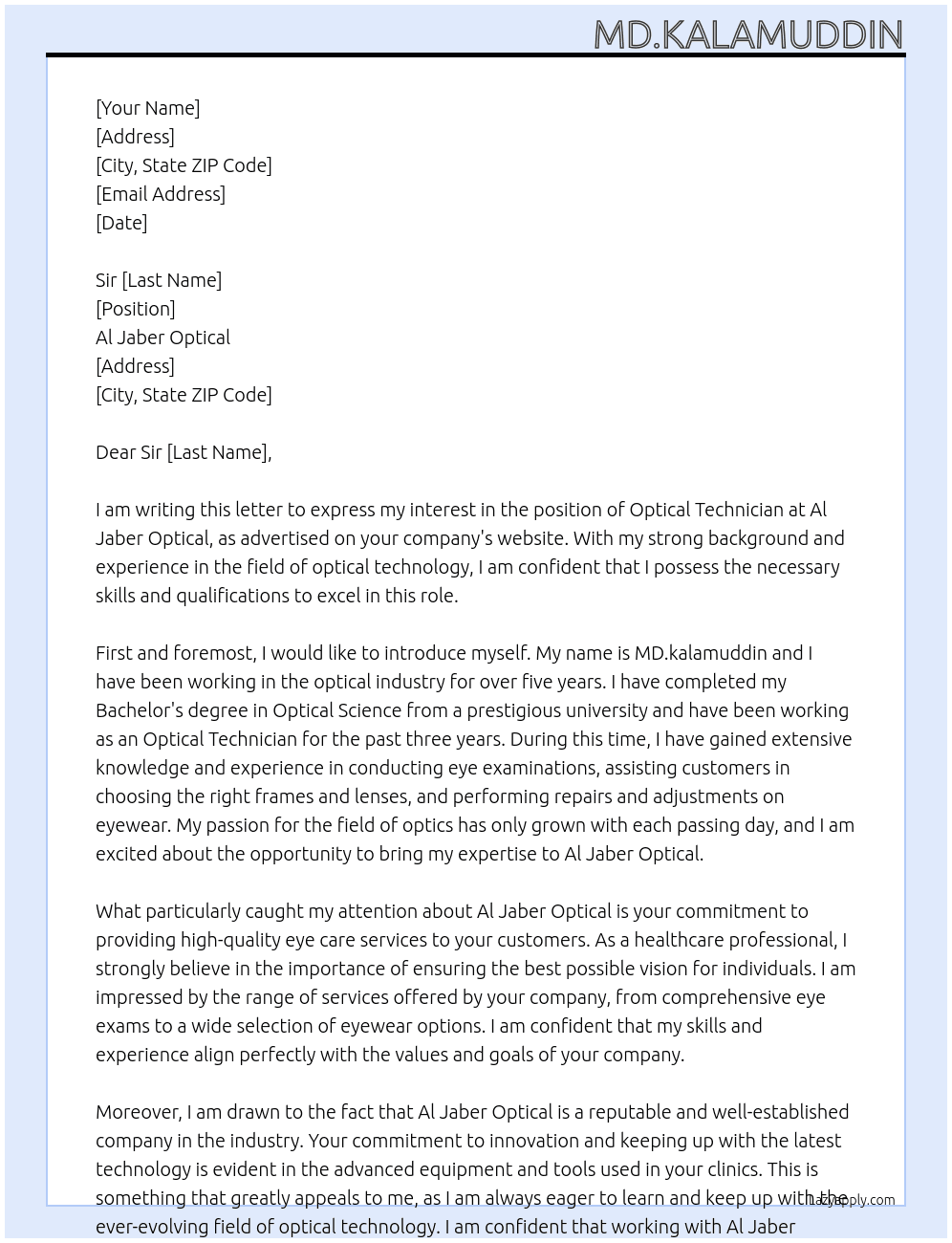 Optical technican  At Al jaber optical  Cover Letter