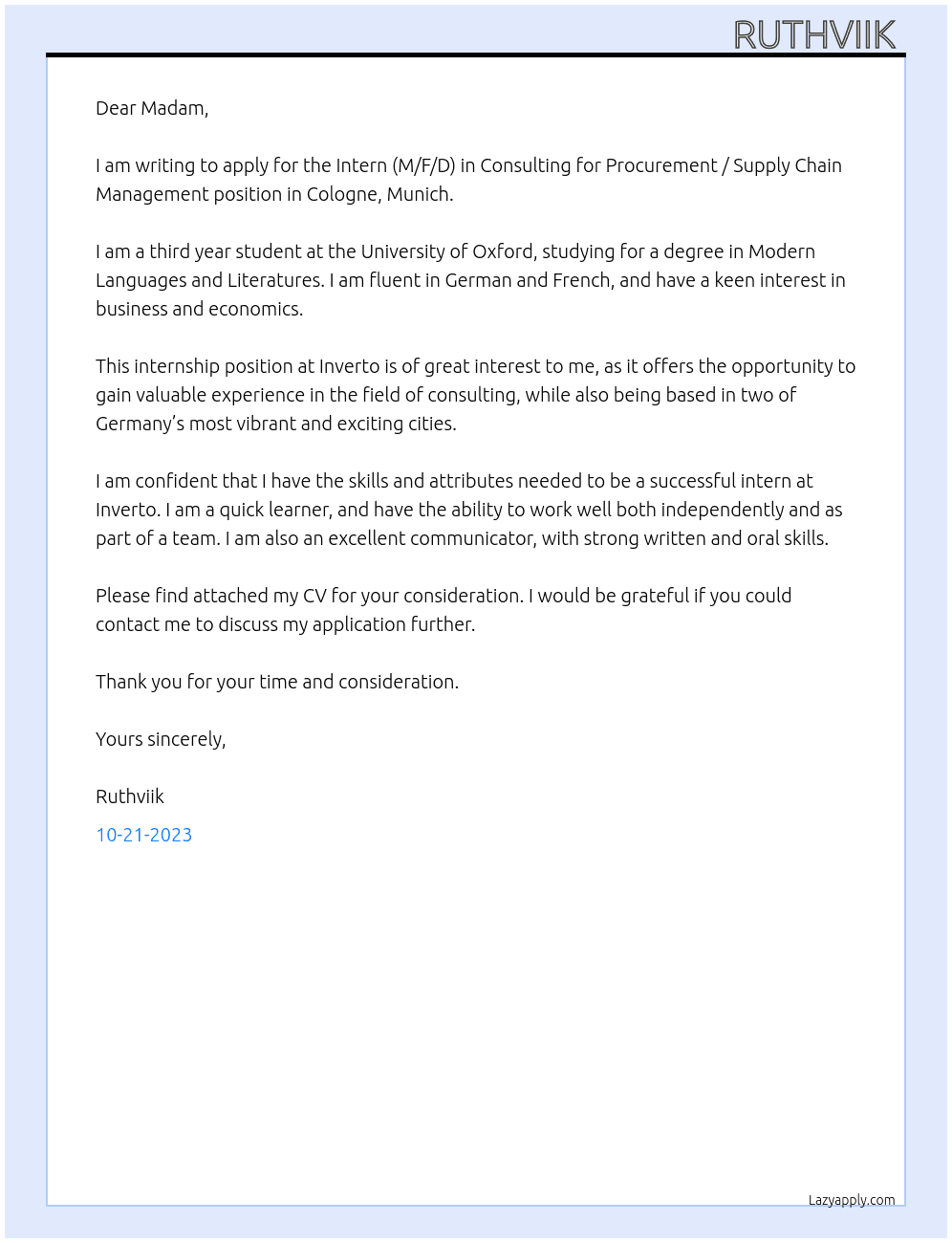 INTERN (M/F/D) IN CONSULTING FOR PROCUREMENT / SUPPLY CHAIN MANAGEMENT. IN COLOGNE, MUNICH. At Inverto Cover Letter