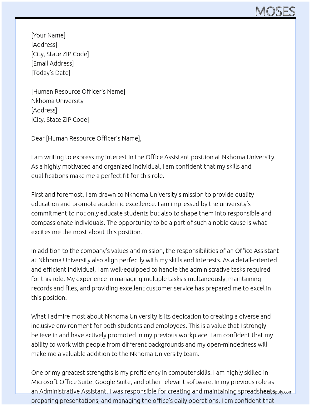 Office Assistant At Nkhoma Uiniversity Cover Letter