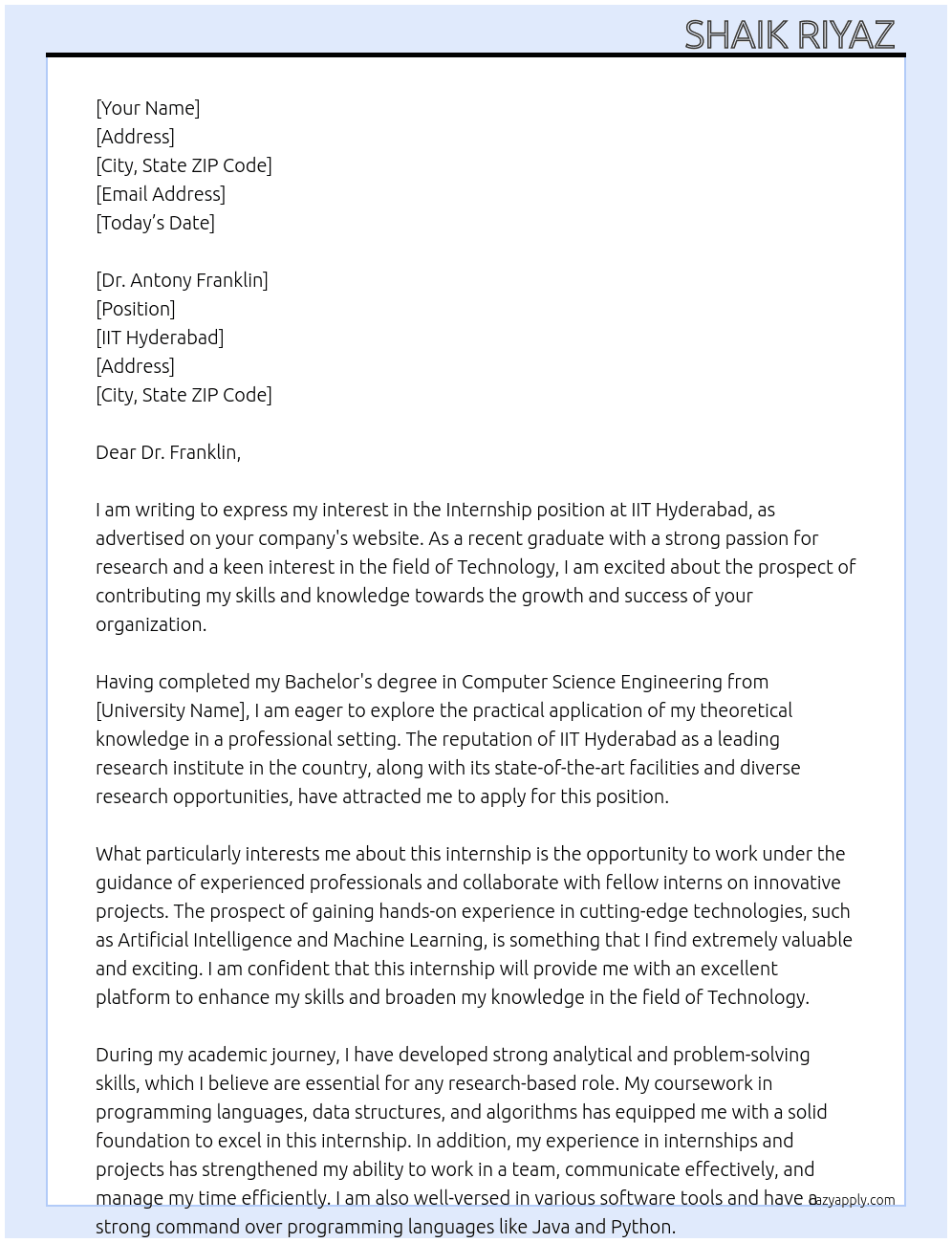 Internship  At IIT Hyderabad  Cover Letter
