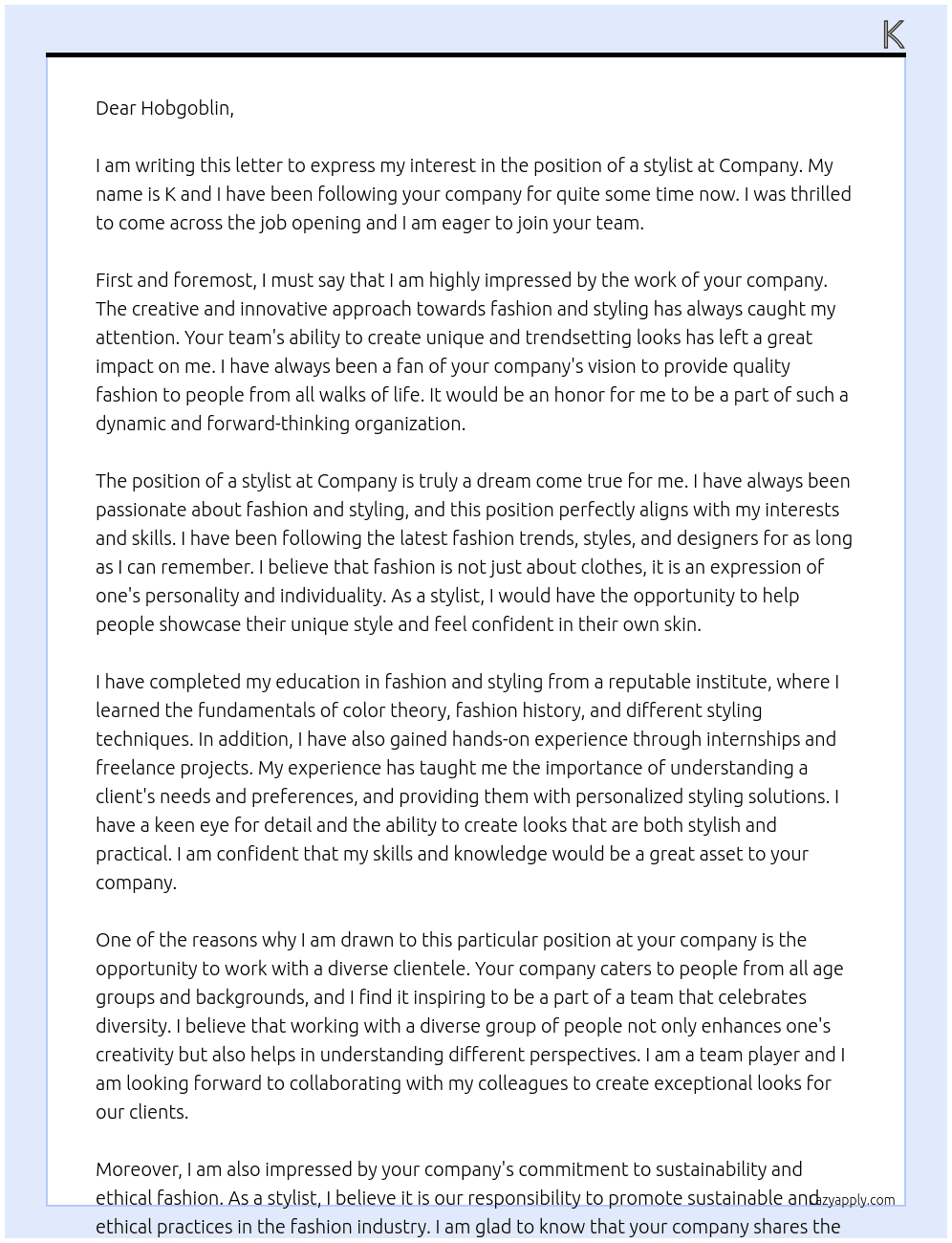 stylist At company Cover Letter