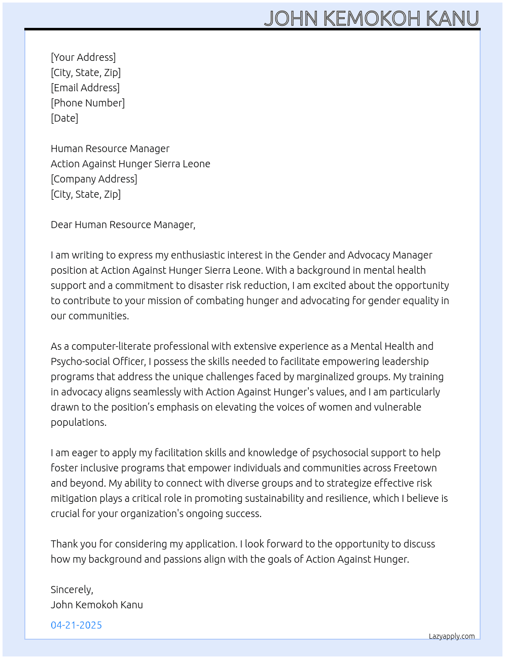 gender and advocacy manager At action aginst hunger sierra leone Cover Letter