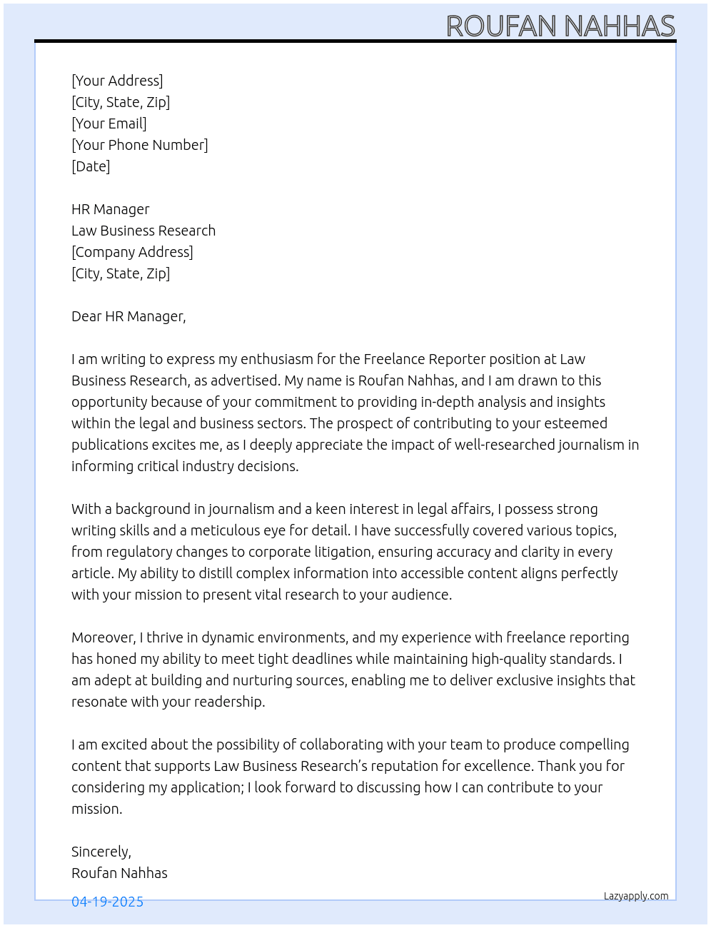 Freelance reporter At  Law Business Research Cover Letter