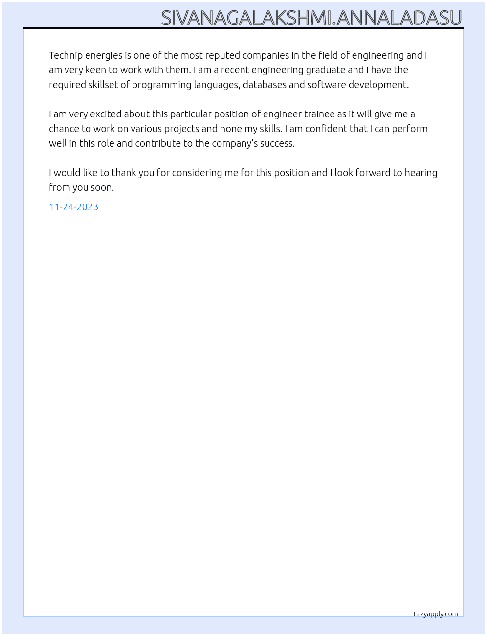 Engineer trainee At Technip energies Cover Letter