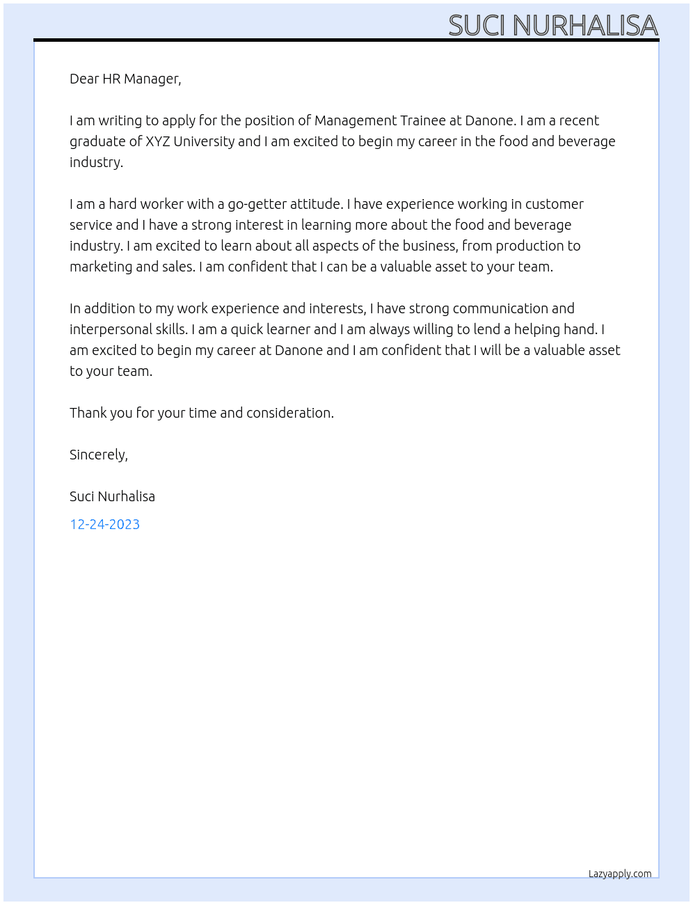 Management Trainee At Danone Cover Letter
