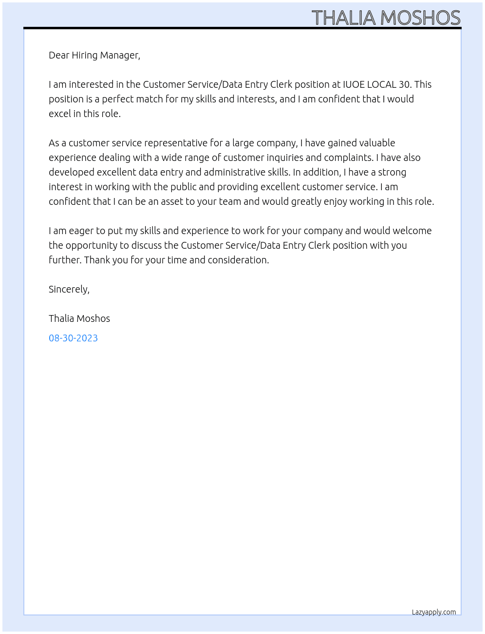Customer Service/Data Entry Clerk At IUOE LOCAL 30 Cover Letter