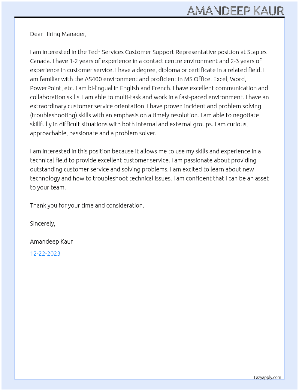 Tech Services Customer support representative At Staples Canada Cover Letter