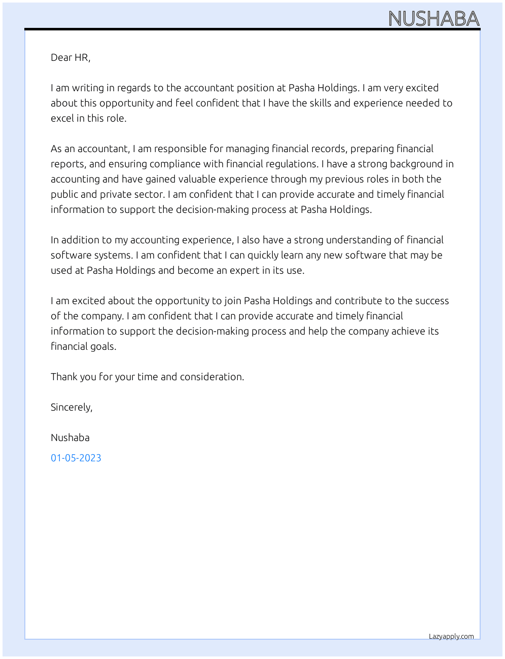 accountant At Pasha holding Cover Letter