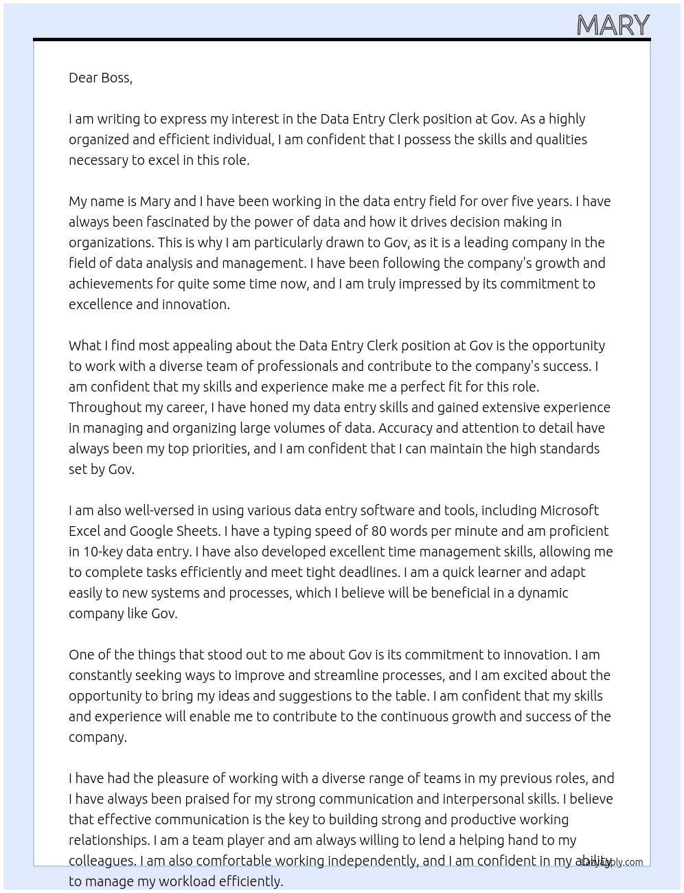 Data Entry Clerk At gov Cover Letter