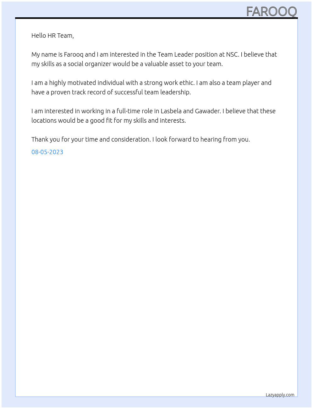 Team Leader At NSC Cover Letter