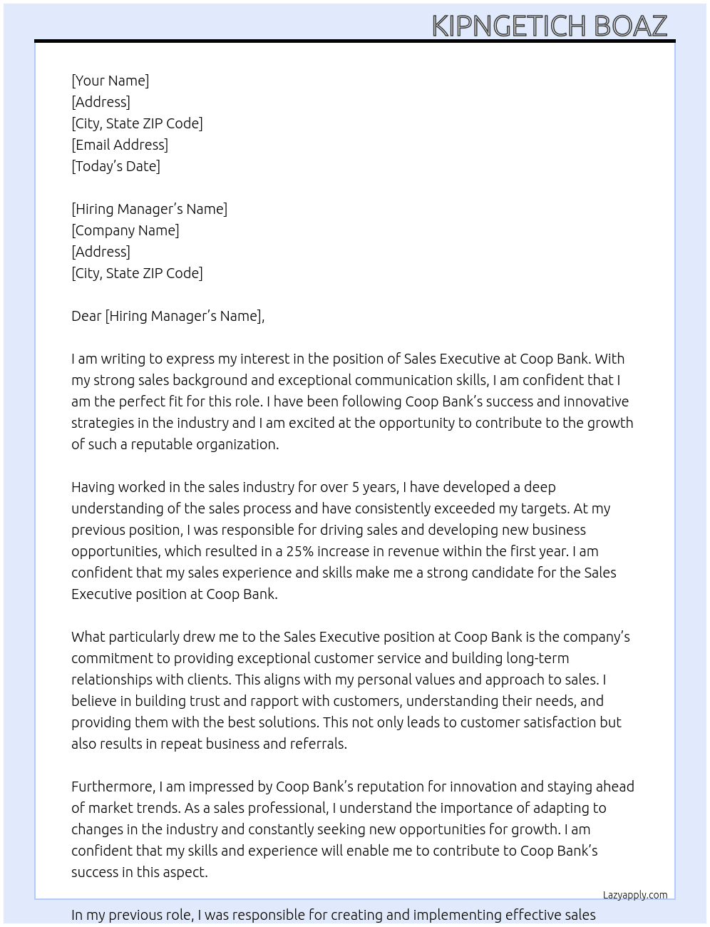 Sales executive  At Coop Bank  Cover Letter