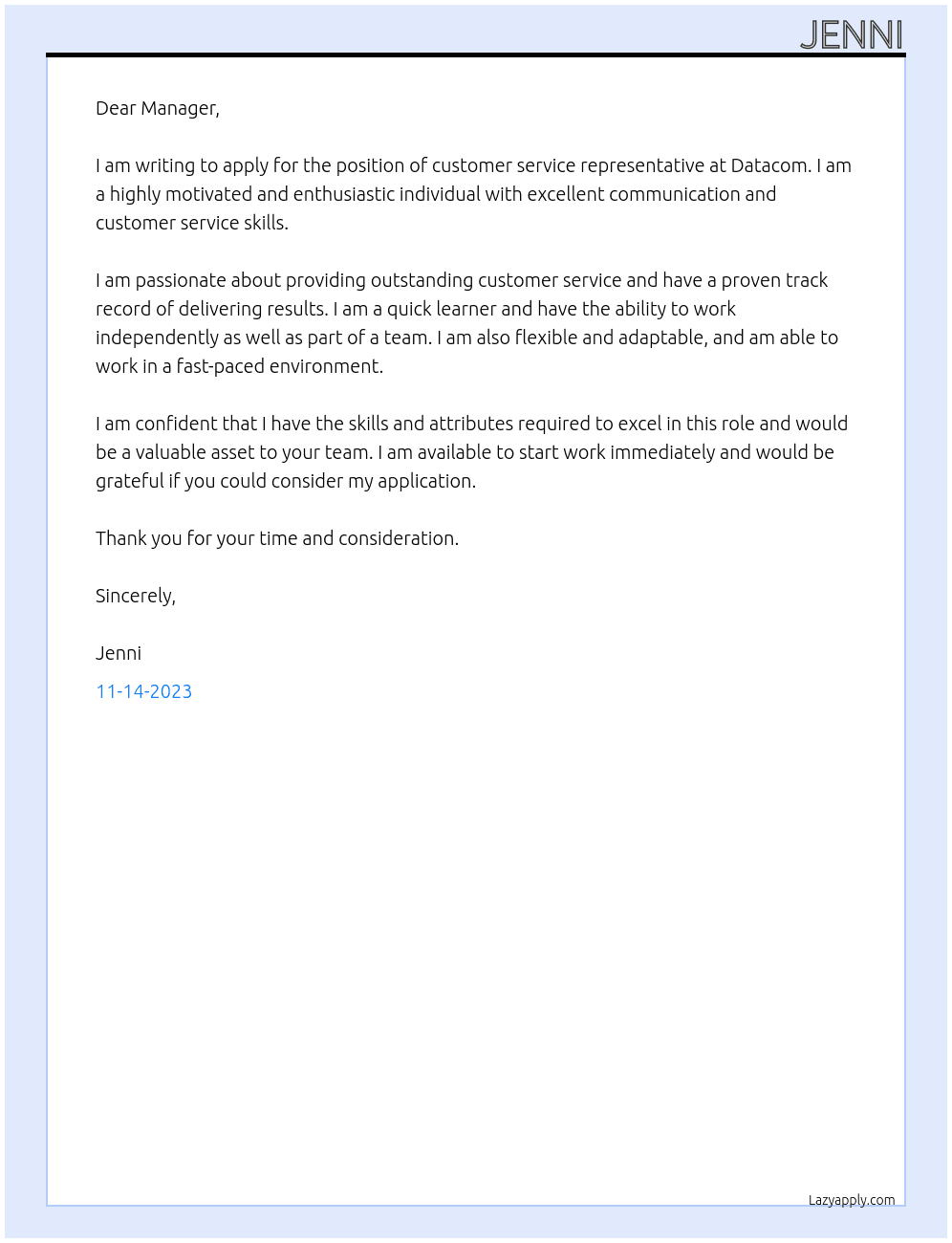 customer service representative At Datacom Cover Letter