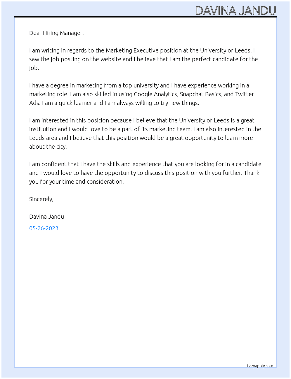 Marketing Executive At University of Leeds Cover Letter